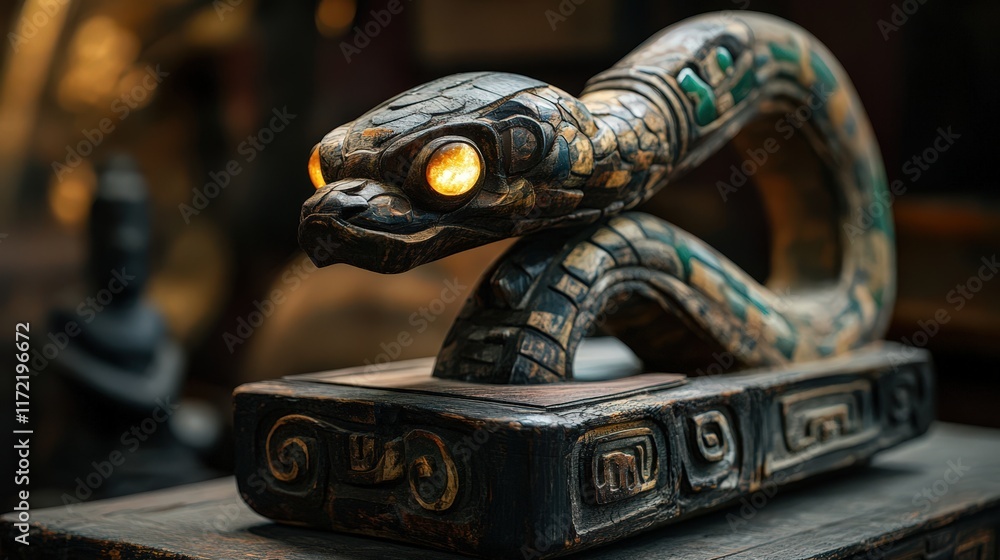 Intricate Wooden Snake Sculpture with Glowing Eyes Intricate Wooden Snake Sculpture with Glowing Eyes