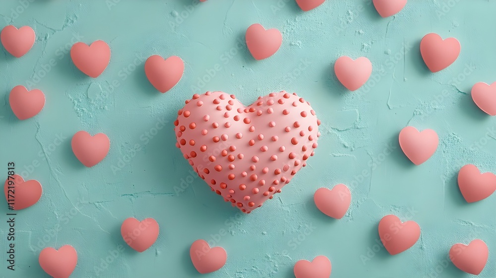 Obraz premium The wall background is decorated with a large heart in the middle, pink, with additional small heart shapes around it