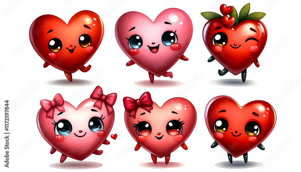 Fototapeta premium Happy Valentine's Day, Watercolor Clipart of Cute cartoon heart characters, isolated on a white background. Holiday Illustration