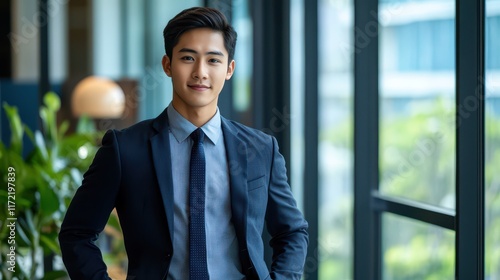 Young Asian businessman in formal wear, confidently posing in a modern office, showcasing his professional success and poised demeanor. photo