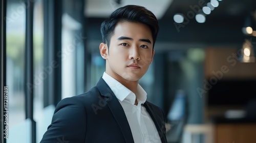 Young Asian businessman in formal wear, confidently posing in a modern office, showcasing his professional success and poised demeanor. photo