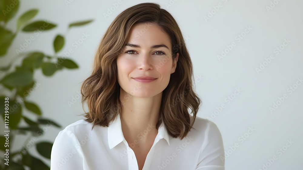 Woman Smiling in White Shirt Against a Light Background Woman Smiling in White Shirt Against a Light Background