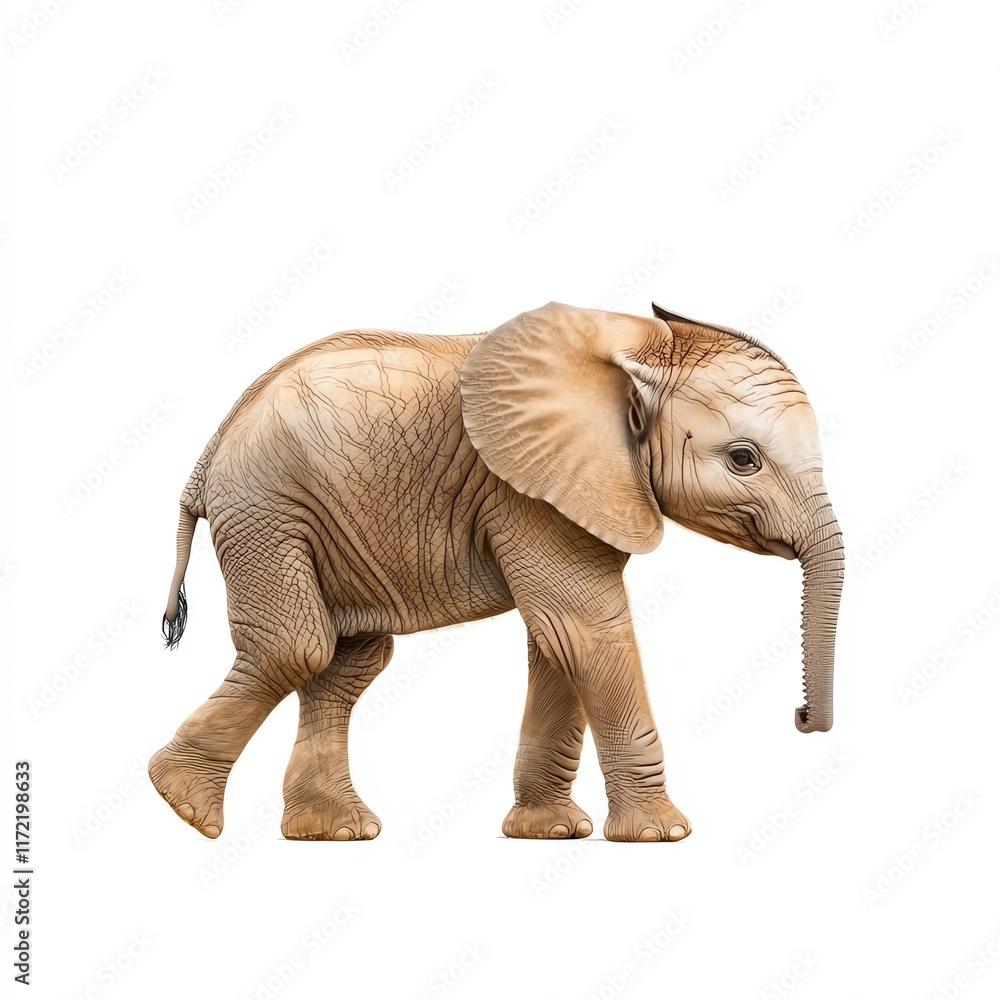 Fototapeta premium A cute, young elephant walking gracefully against a plain background, showcasing its distinctive features and playful nature.
