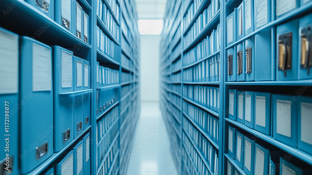 Blue Archive Aisles: Rows of light blue filing cabinets stretch into the distance, creating a visually striking and organized archive. A sense of order and meticulous record-keeping is palpable. Blue Archive Aisles: Rows of light blue filing cabinets stretch into the distance, creating a visually striking and organized archive. A sense of order and meticulous record-keeping is palpable.
