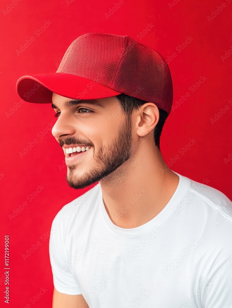 Man wearing blank red cap mockup on red background Man wearing blank red cap mockup on red background