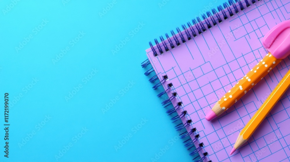 Vibrant stationary on a blue background featuring a pink spiral notebook, colorful markers, and a yellow pencil for creative projects and academic use. Vibrant stationary on a blue background featuring a pink spiral notebook, colorful markers, and a yellow pencil for creative projects and academic use.