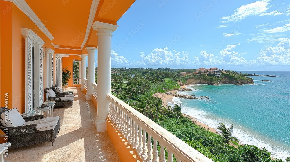 Fototapeta premium Balcony overlooking ocean, bright orange wall, clouds.