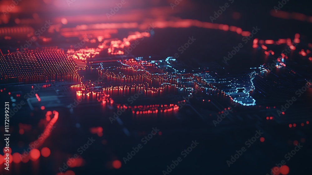 Fototapeta premium Abstract Digital World Map Red And Blue Lights