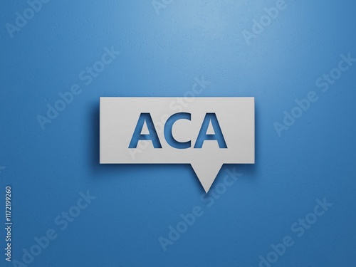 aca inscription on Speech Bubble, medicine concept.Minimalist Abstract Design With White Cut Out Paper.3D rendering on blue background. photo