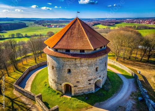 Drone captures early spring's hues on a fortified stone tower; hipped roof, loopholes punctuate its aged walls. photo