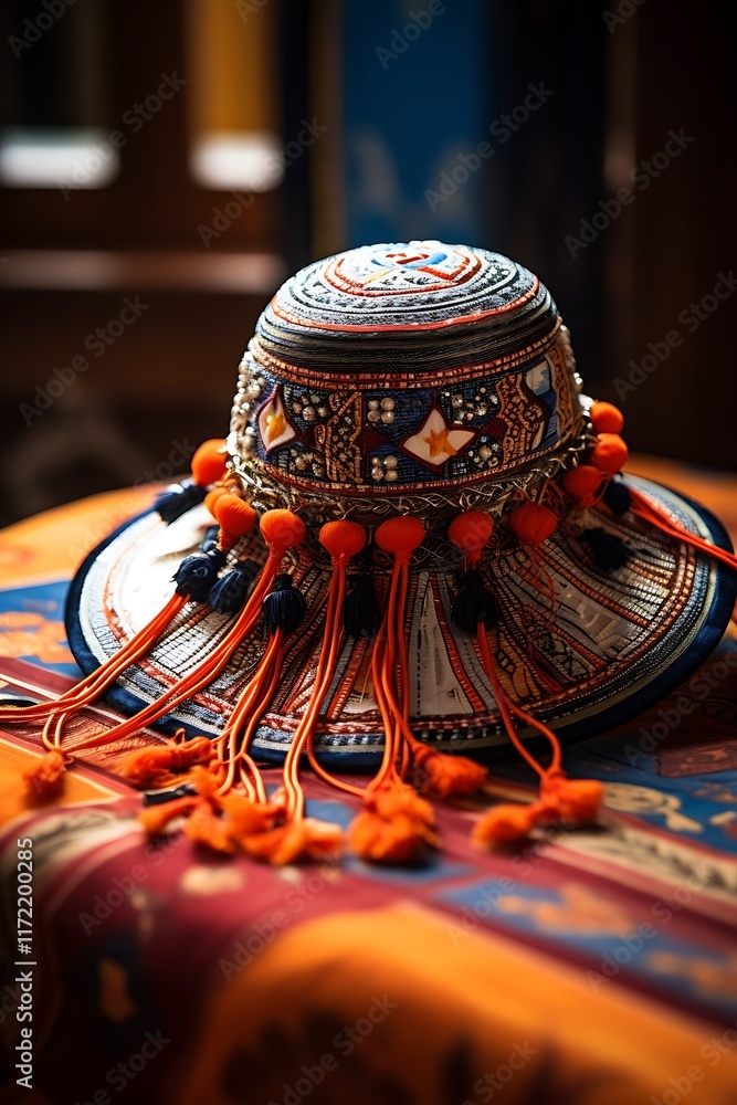 A beautifully crafted decorative hat with vibrant patterns and tassels. A beautifully crafted decorative hat with vibrant patterns and tassels.