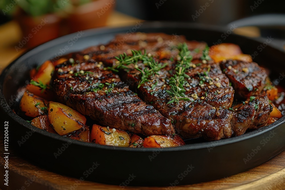 grilled beef steak sizzling on a rustic wooden table garnished with fresh herbs with a softfocus kitchen in the background creating a mouthwatering atmosphere grilled beef steak sizzling on a rustic wooden table garnished with fresh herbs with a softfocus kitchen in the background creating a mouthwatering atmosphere