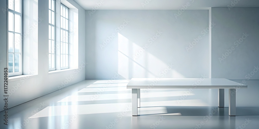 Empty white room, grey table, subtle window shadow; ideal minimalist product presentation background. Empty white room, grey table, subtle window shadow; ideal minimalist product presentation background.