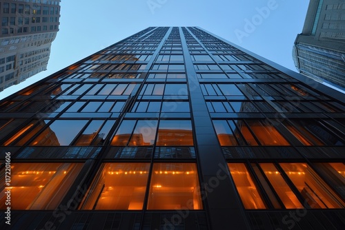 Wallpaper Mural Modern glass skyscraper at dusk, reflecting city lights. Illustrates urban architecture, success, and modern business. Torontodigital.ca