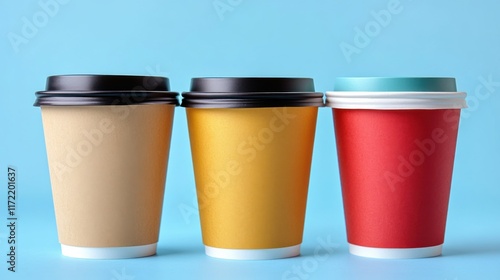 Wallpaper Mural Three Vibrant Coffee Cups in Different Colors Arranged Against a Light Blue Background Capturing the Essence of Coffee Culture and Daily Rituals Torontodigital.ca