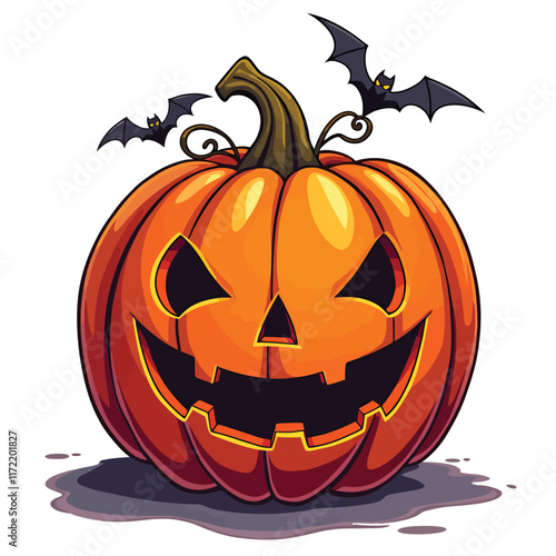 a cartoon pumpkin with a bat on it ' s head photo