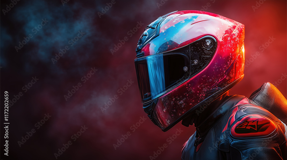 Fototapeta premium Handsome motorcyclist in red leather suit, helmet with visor. Motorcyclist in the dark