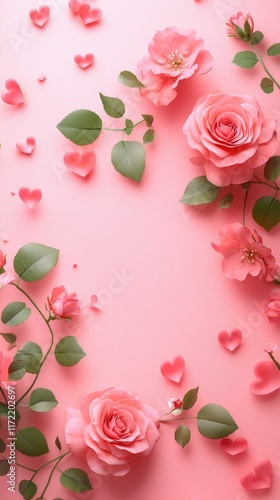 Delicate pink roses nestle among lush green leaves, set against a soft pink background adorned with whimsical hearts, embodying love and romance.