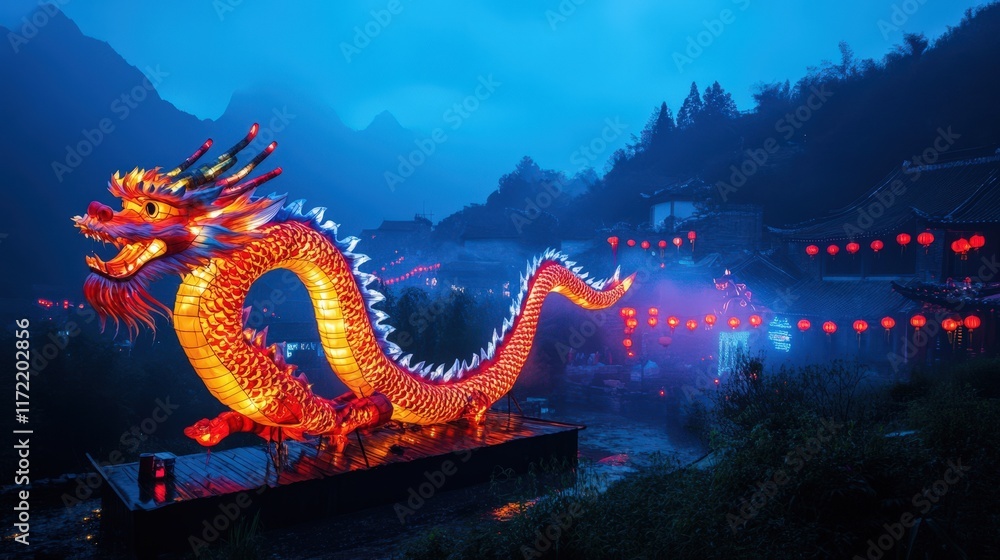 Obraz premium Illuminated Dragon Lantern Festival Mountain Village Scene