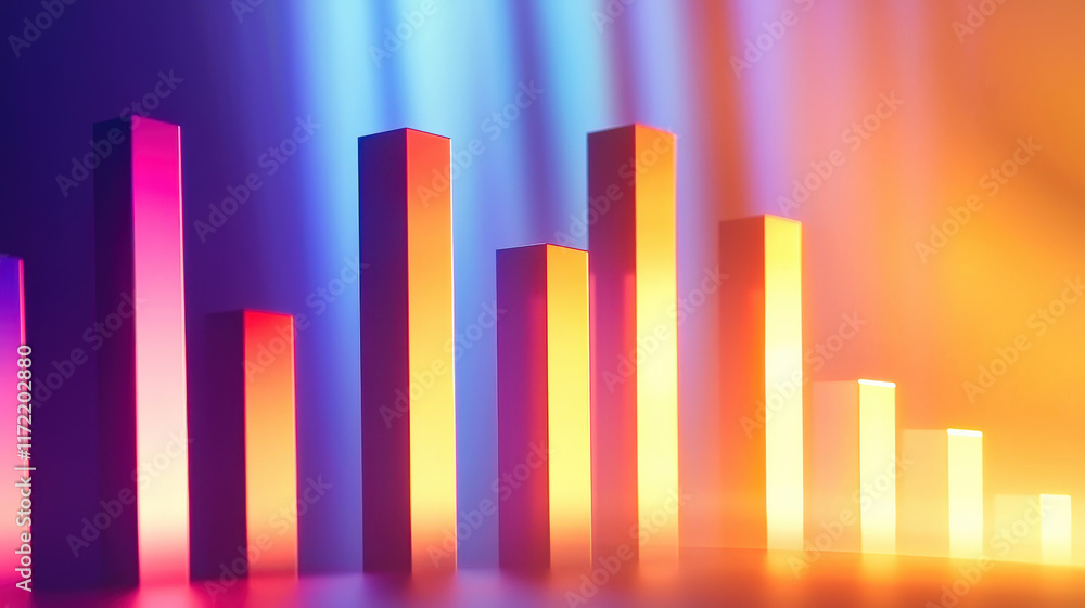 A glowing bar chart features thick neon-colored bars pulsing with light, arranged on a dark gradient background, with subtle reflections enhancing the vibrancy of each data point. A glowing bar chart features thick neon-colored bars pulsing with light, arranged on a dark gradient background, with subtle reflections enhancing the vibrancy of each data point.