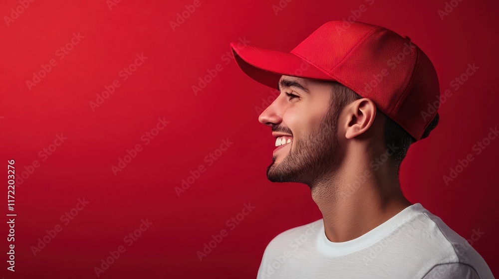 Man wearing blank red cap mockup on red background Man wearing blank red cap mockup on red background