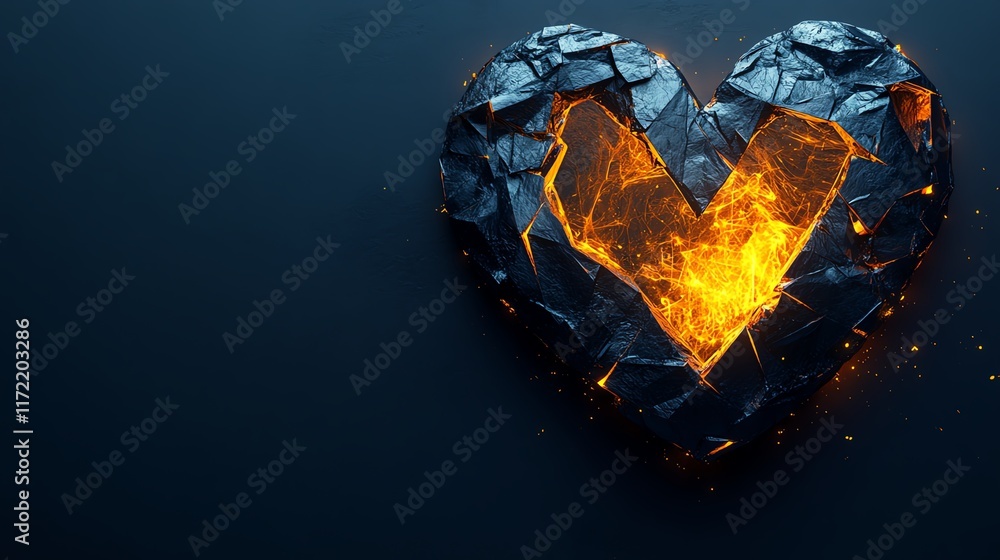 Fototapeta premium A broken heart with glowing fire inside.