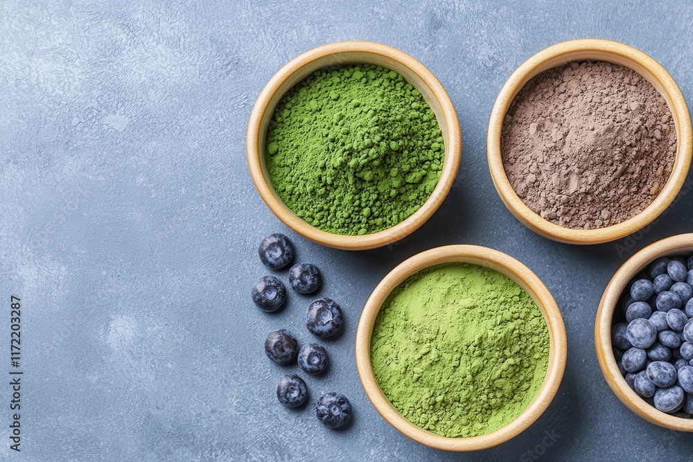 Wellness foods include superfoods for immune-boosting. Bowls of powdered herbs and berries on a textured surface. Wellness foods include superfoods for immune-boosting. Bowls of powdered herbs and berries on a textured surface.