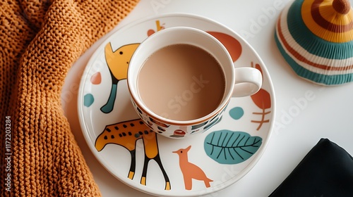 Cozy autumn coffee, animal print mug, knitwear, white background. photo