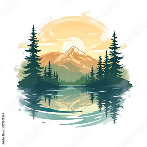 a mountain lake with pine trees and a sunset