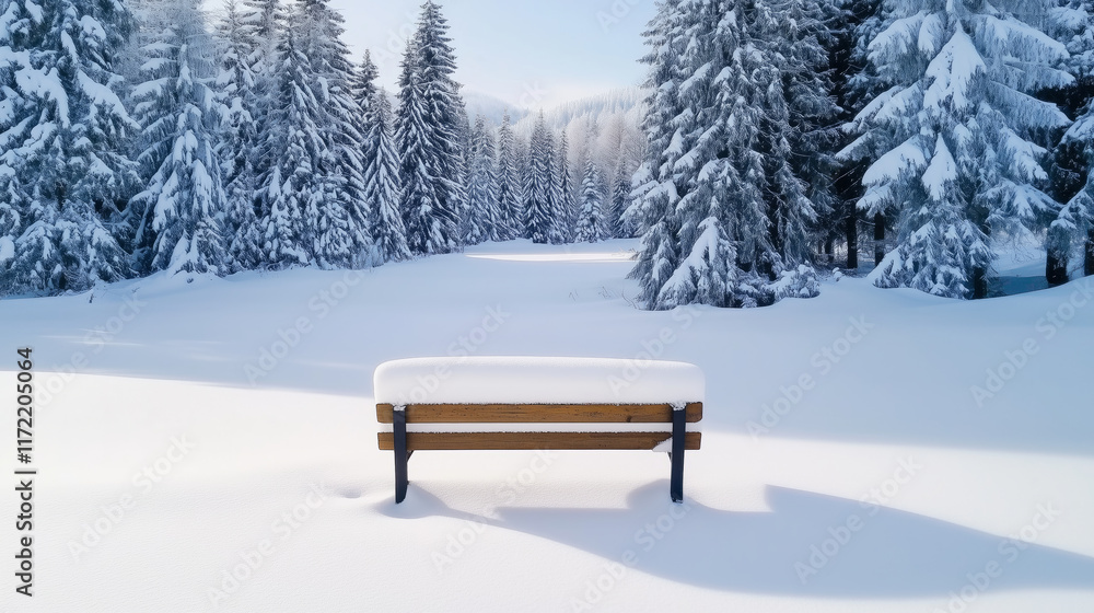 snow covered bench in serene winter woodland park invites visitors to relax and enjoy view snow covered bench in serene winter woodland park invites visitors to relax and enjoy view