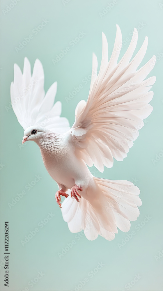 Obraz premium photorealistic depiction of white dove in flight, showcasing its elegant wings against pastel background. image evokes sense of peace and freedom