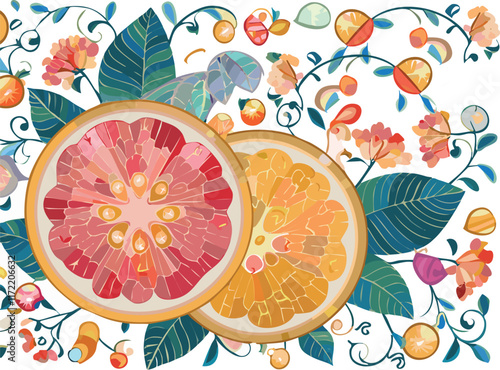 vivid bright bold eye catching exotic sliced fruit and sparkling jewels consisting solely of tiny artisanal mosaic tile pattern. 
