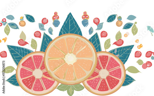 vivid bright bold eye catching exotic sliced fruit and sparkling jewels consisting solely of tiny artisanal mosaic tile pattern. 
