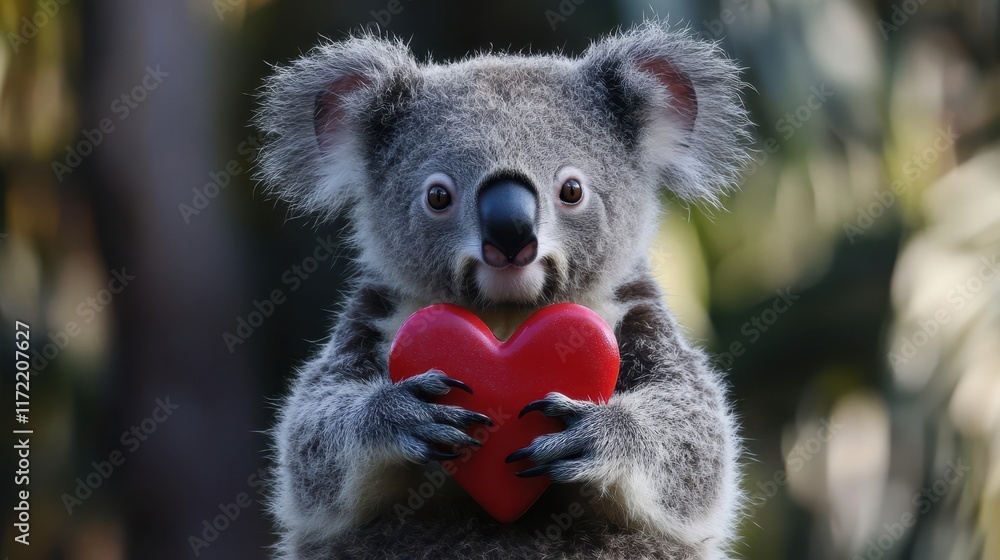 Fototapeta premium A charming koala clutches a vibrant heart, radiating love and affection, perfectly capturing the essence of Valentine's Day joy and warmth.