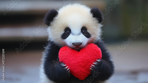 A charming panda bear tenderly cradles a vibrant red heart, symbolizing love and affection on this special Valentine's Day.