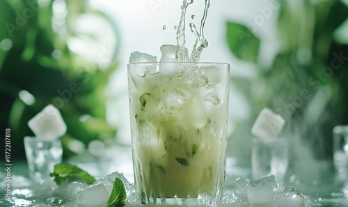 Refreshing iced drink, splashing, mint, sugar photo