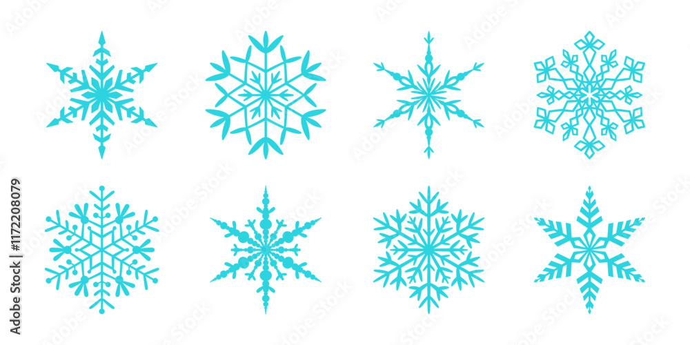 Snowflakes blue line art vector icon set. Winter and Christmas holiday symbol. Snowflakes blue line art vector icon set. Winter and Christmas holiday symbol.