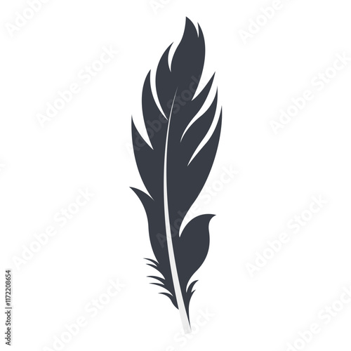 Bird Feather Black Silhouette Isolated on White Background. Vector Illustration