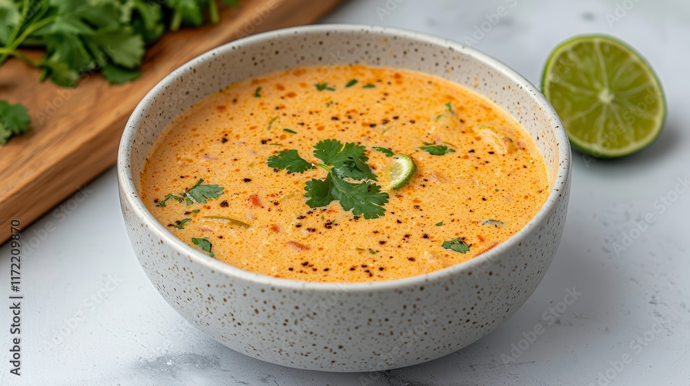 Wellness foods include superfoods for immune-boosting. Creamy soup garnished with herbs and lime in a bowl.