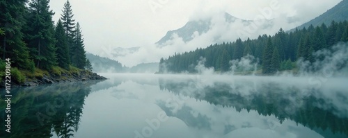 Dew-kissed lake surface reflected misty veil of forest, foggy, lake, pine photo