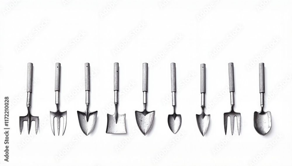 A variety of gardening hand tools isolated on a white background. A variety of gardening hand tools isolated on a white background.
