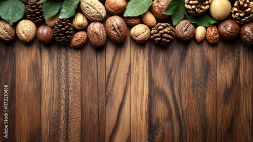 Natural assortment of various nuts, seeds, and pine cones arranged on a rustic wooden background, featuring vibrant green leaves for a fresh and organic touch.