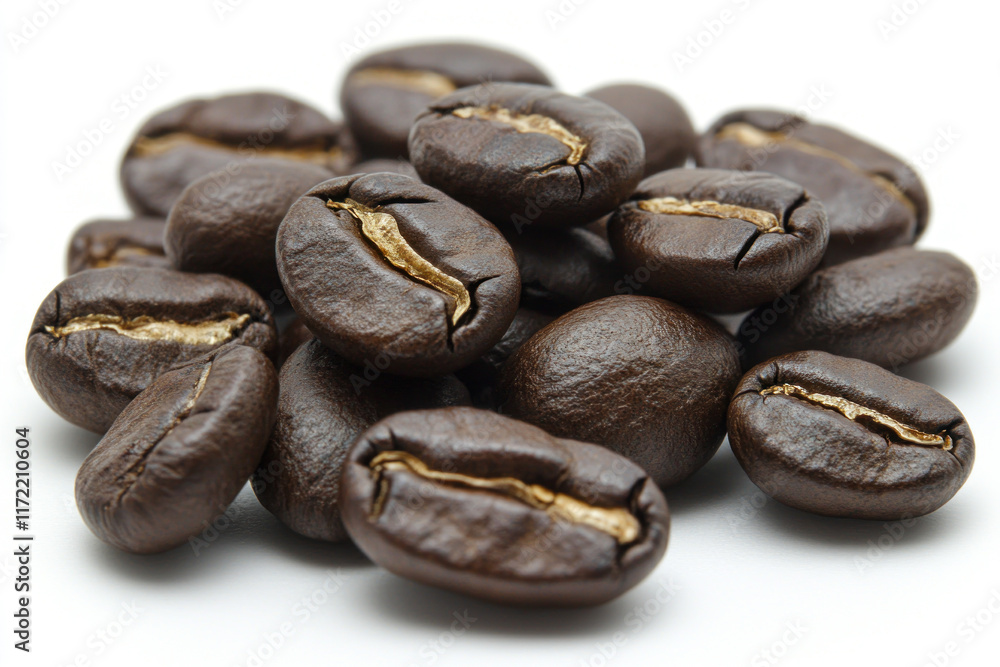 Coffee beans scattered on white background, representing freshness and aroma of coffee. Coffee beans scattered on white background, representing freshness and aroma of coffee.