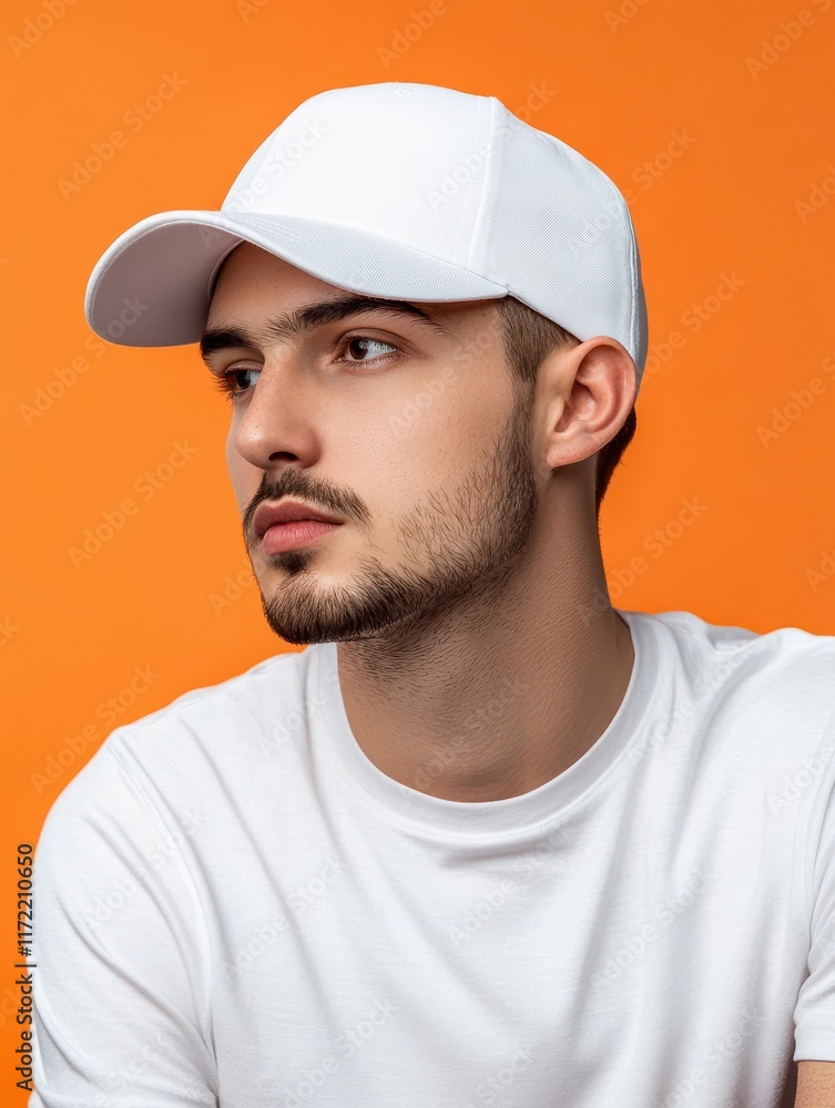 Man wearing blank white baseball hat mockup on orange background Man wearing blank white baseball hat mockup on orange background