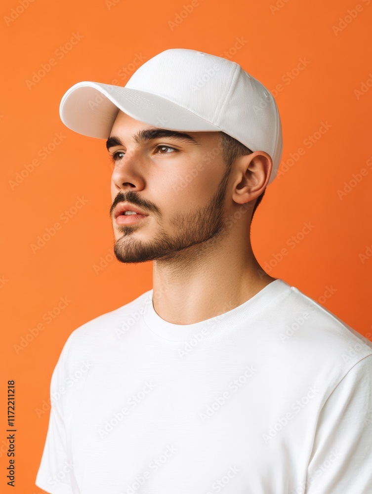 Man wearing blank white baseball hat mockup on orange background Man wearing blank white baseball hat mockup on orange background