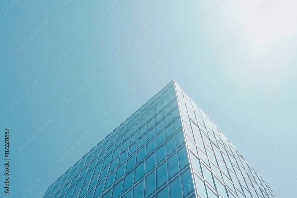 A modern glass building reaching towards a clear blue sky. A modern glass building reaching towards a clear blue sky.
