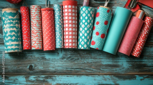 Vibrant Roll of Decorative Paper in Red, Aqua, and Coral Patterns Lined Up on Rustic Wooden Surface for Crafting, Scrapbooking, and DIY Projects photo