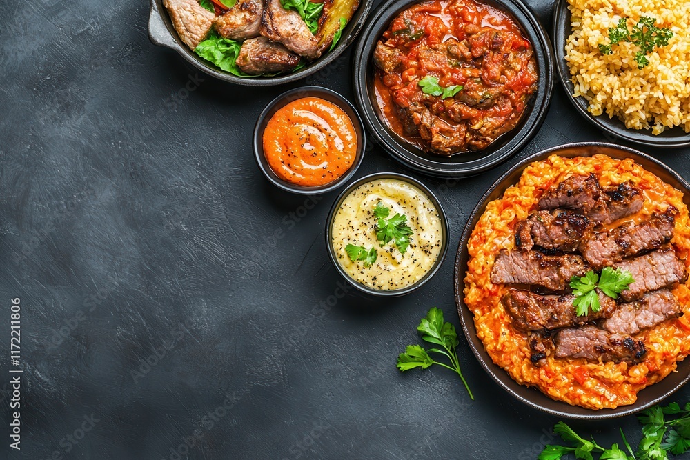 The ketogenic diet promotes a low-carb lifestyle. Delicious spread of various cooked dishes in black bowls. The ketogenic diet promotes a low-carb lifestyle. Delicious spread of various cooked dishes in black bowls.