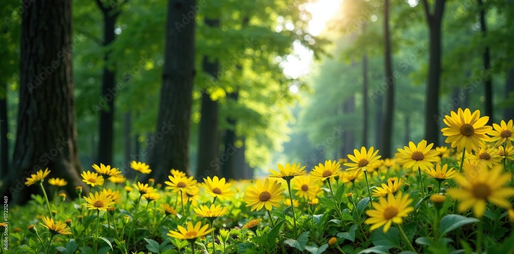 Fototapeta premium Bright yellow flowers bloom amidst towering trees, flower, foliage