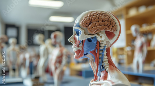 Anatomy model showcasing human head, brain, and neck muscles for educational purposes. This detailed representation aids in understanding human anatomy and physiology
